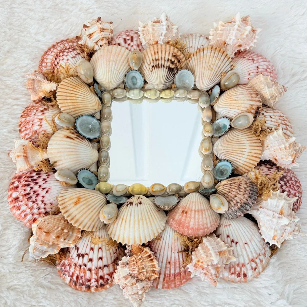 Vintage Handmade Square Seashell Mirror Hawaii Coastal Beach 11”x11”